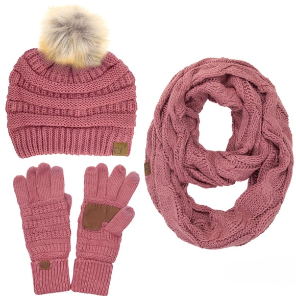 C.C 3pc Knit Warm Pom Beanie Gloves Scarves Set